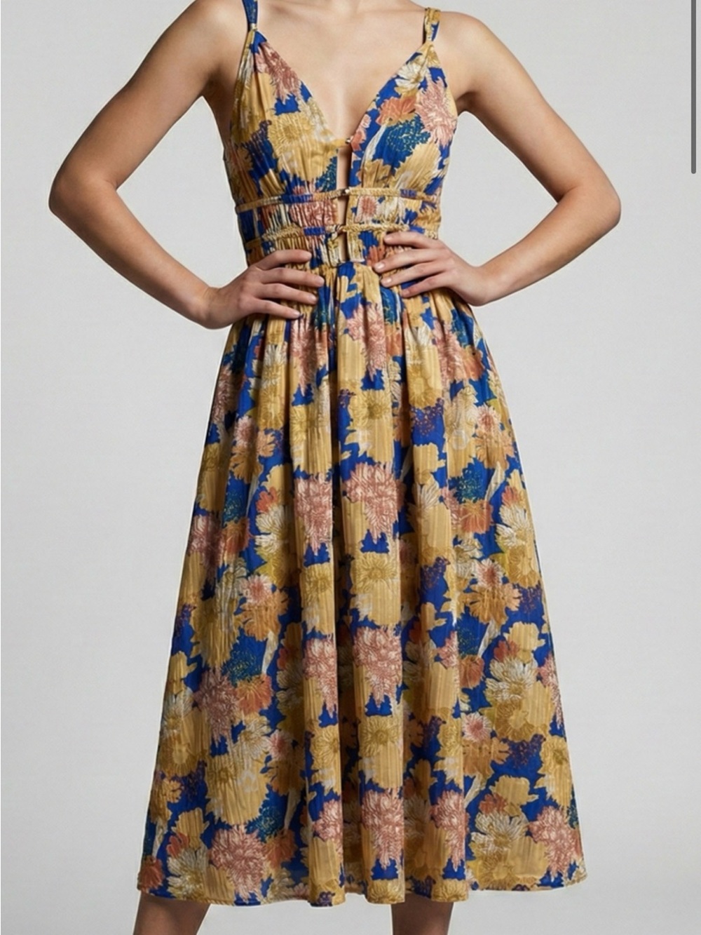NWOT Caroline Constas Yellow & Blue Floral Maxi Dress - Size L - Picture 10 of 11